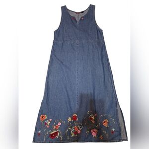 Vintage Denim Maxi Jumper Dress Medium Embroidered Floral Cottagecore